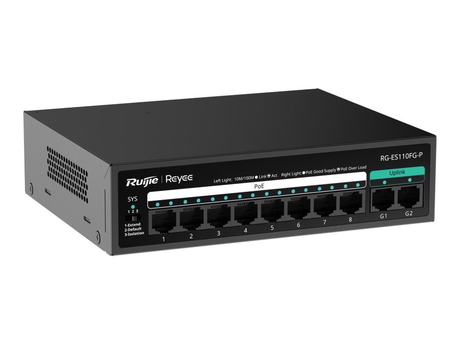 Switch Ruijie RG-ES110FG-P, Switch Ruijie RG-ES110FG-P 8 PoE+ 110 W, 2 cổng gigabit uplink
