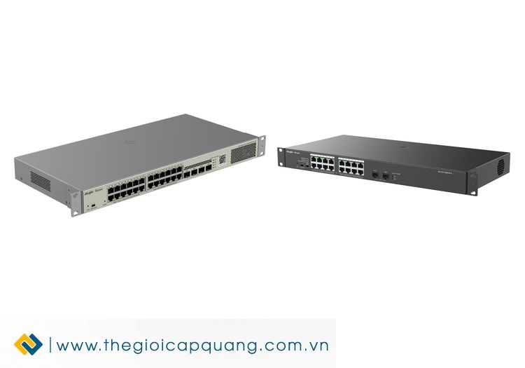 Switch PoE Ruijie cho camera: số camera theo datasheet, chế độ Extend 200 m, uplink quang về phòng máy