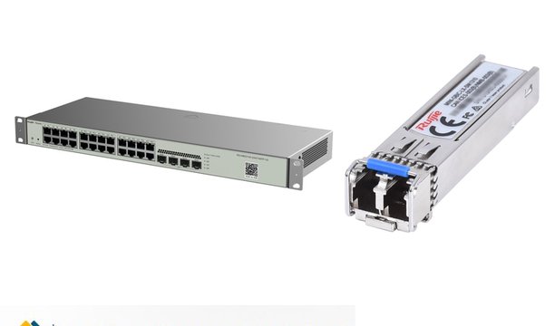 Nối mạng LAN giữa hai toà nhà bằng cáp quang: switch Ruijie có cổng SFP và module MINI-GBIC chọn theo cự ly