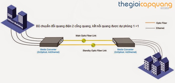 chỉ cần 2 bộ chuyển đổi quang điện model 2 cổng quang để tạo một giải pháp kết nối mạng có dự phòng 