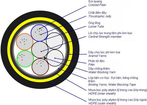 cap quang single mode 12fo Cấu tạo cáp quang chôn trực tiếp