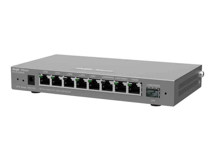 Router Ruijie RG-EG209GS nhìn chếch từ trái, ảnh do hãng công bố