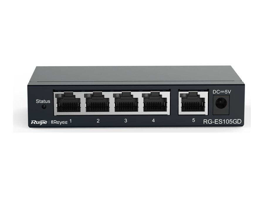 Mặt trước RG-ES105GD với năm cổng và giắc DC, ảnh hãng