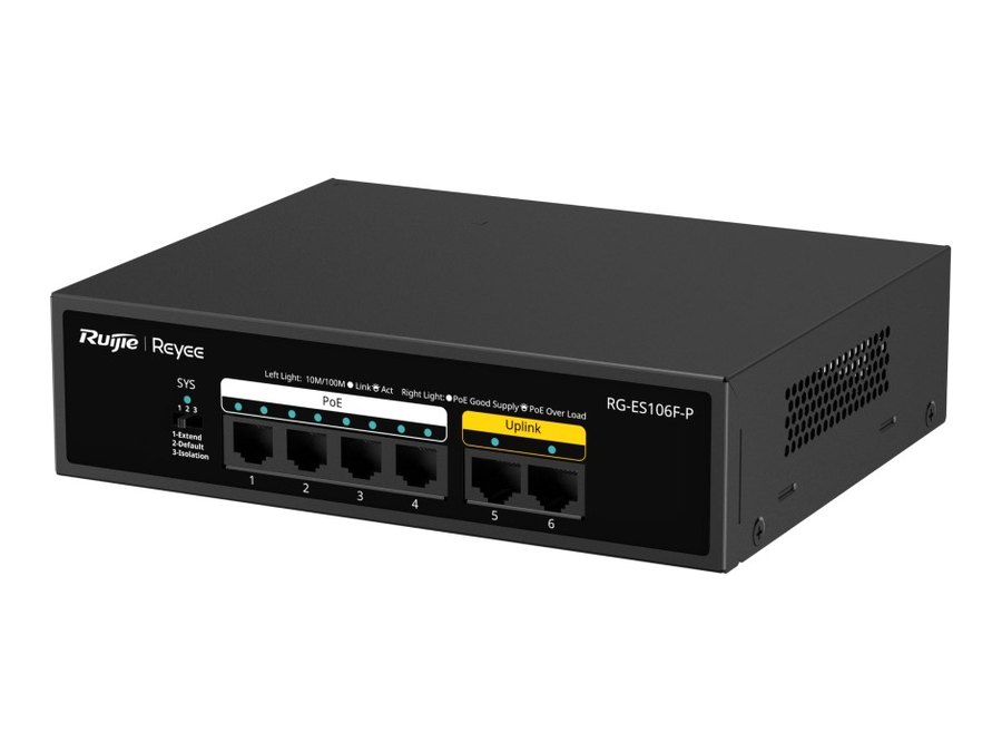 Switch Ruijie RG-ES106F-P, ảnh nhìn chếch từ phải của hãng