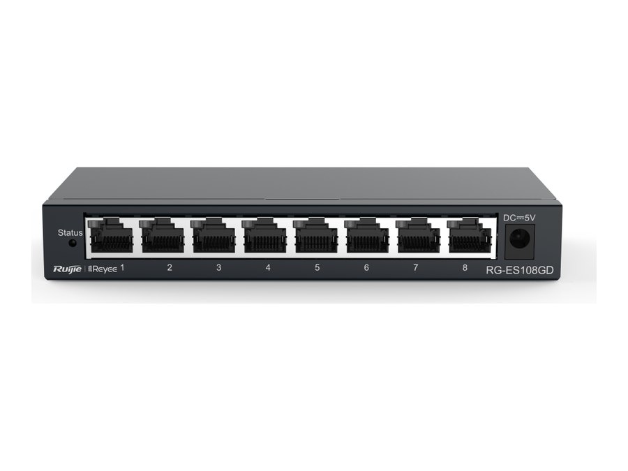 Mặt trước RG-ES108GD với tám cổng gigabit, ảnh hãng
