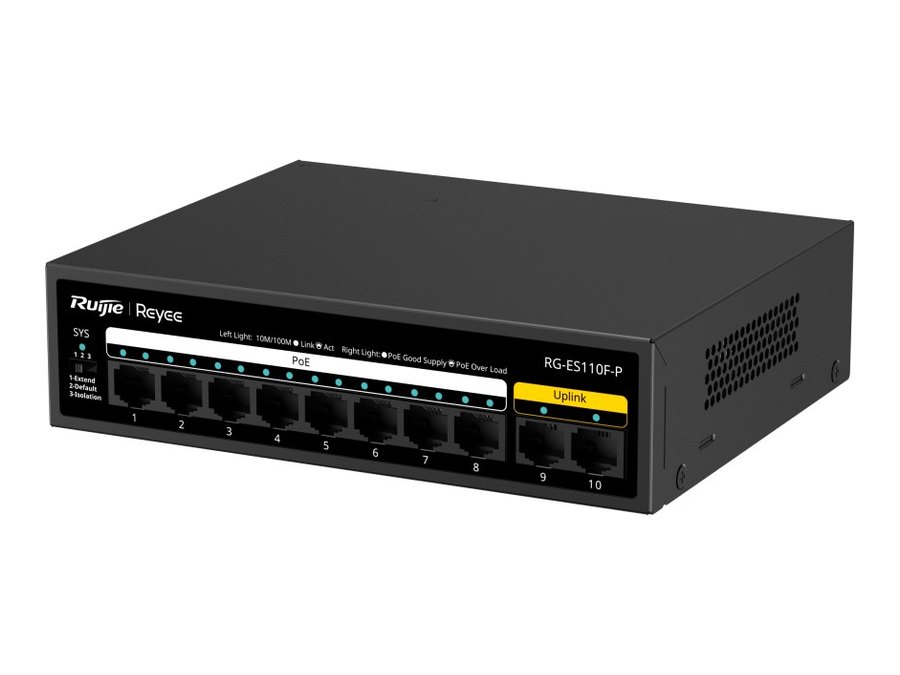 Switch Ruijie RG-ES110F-P, ảnh nhìn chếch từ trái của hãng