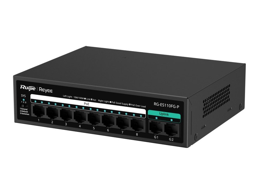 Switch Ruijie RG-ES110FG-P, ảnh nhìn chếch từ phải của hãng