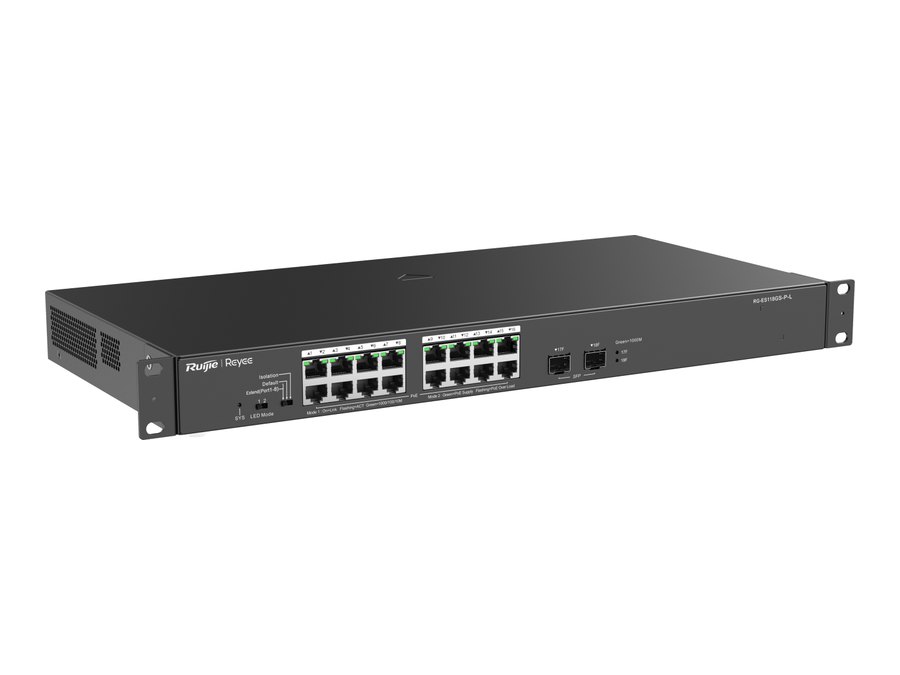 Switch Ruijie RG-ES118GS-P-L, ảnh nhìn chếch từ phải của hãng
