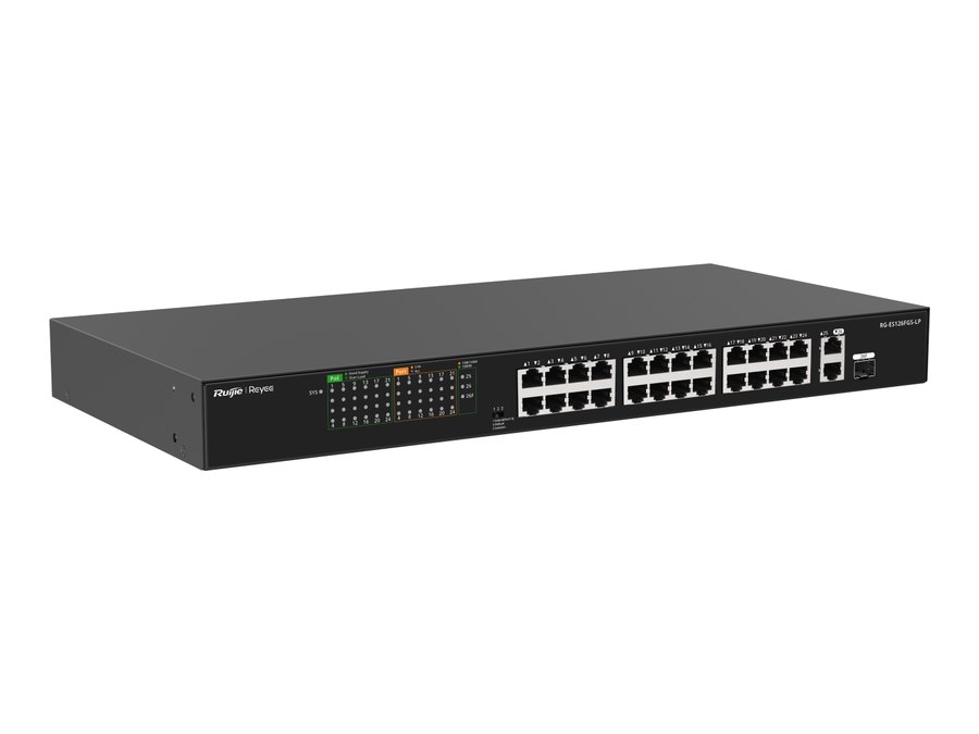 Switch Ruijie RG-ES126FGS-LP, ảnh nhìn chếch từ trái của hãng