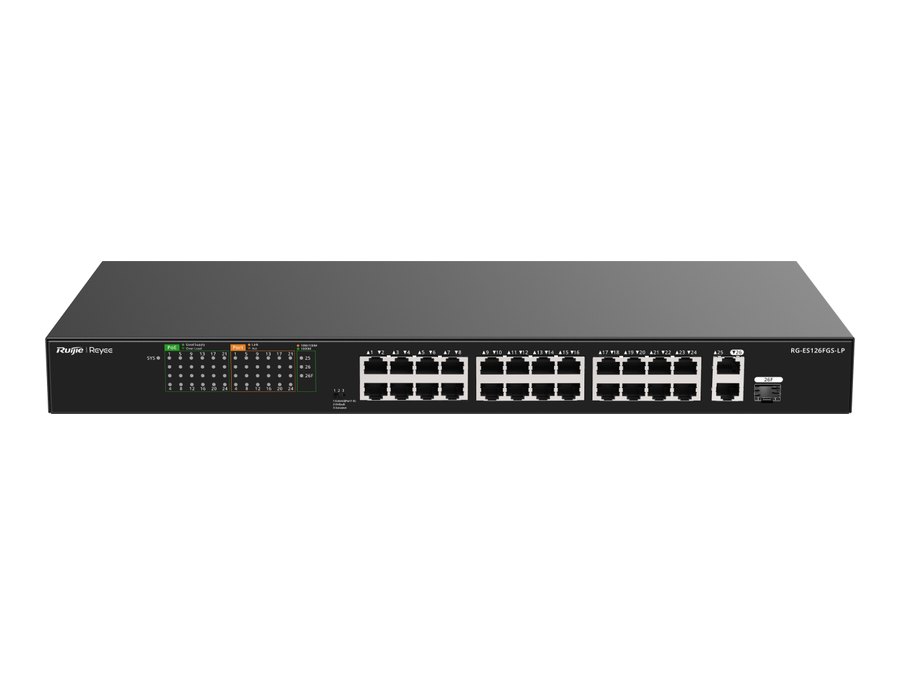 Switch Ruijie RG-ES126FGS-LP, ảnh mặt trước nhìn từ trên của hãng