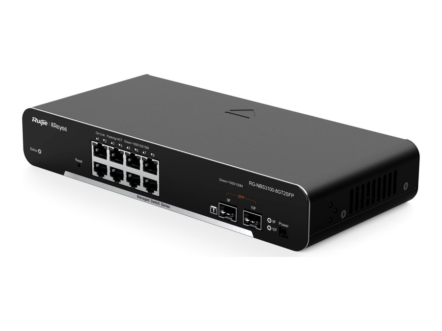 RG-NBS3100-8GT2SFP nhìn chếch từ trái, ảnh Ruijie