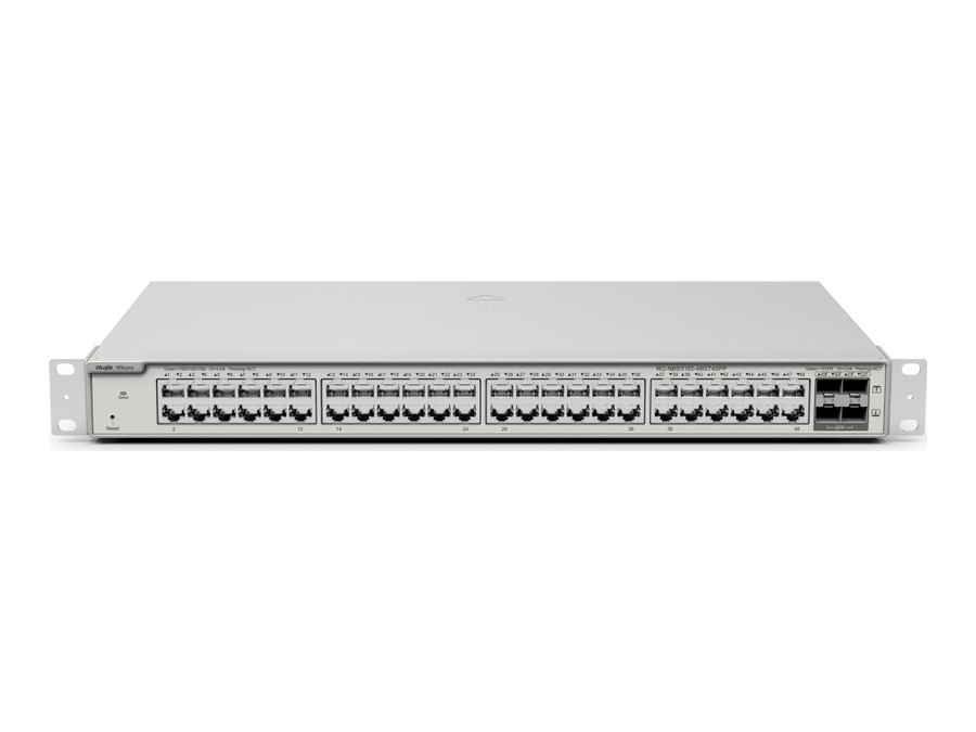 Mặt trước RG-NBS5100-48GT4SFP nhìn hơi từ trên, ảnh hãng