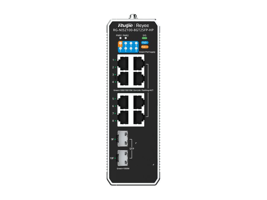 Ảnh hãng: mặt trước switch NIS2100 mười cổng nhìn thẳng